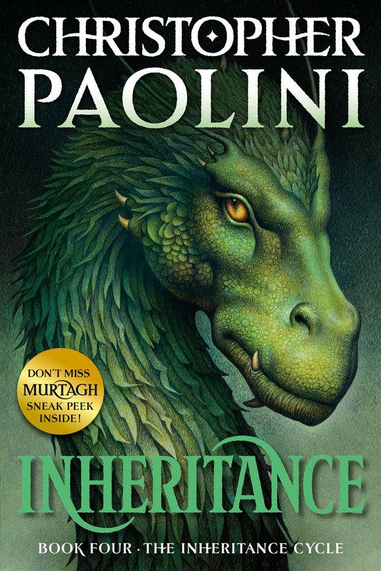 Livre 'Inheritance' par Christopher Paolini, illustrant une tête de dragon verte avec le texte 'Don't miss Murtagh sneak peek inside!'