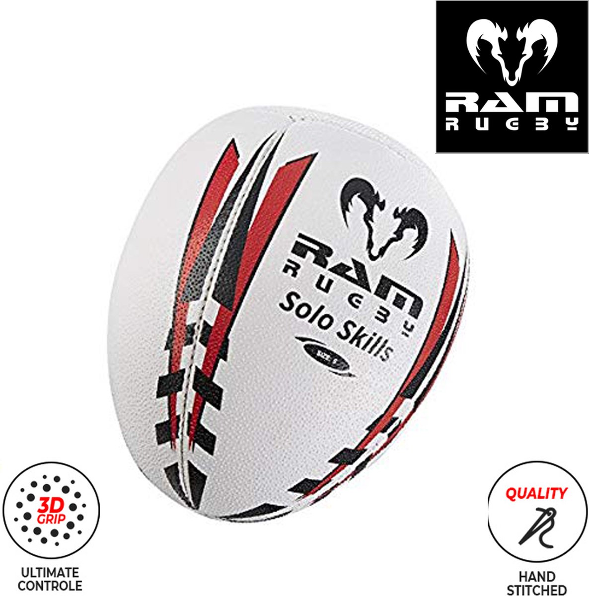 Solo Skill Rugby Ball - Ultieme individuele training - 3D Grip - Oefen Kaatsen en Vangen individueel Size 3 RAM® Engeland - Uniek 3d Grip techn. Prof.