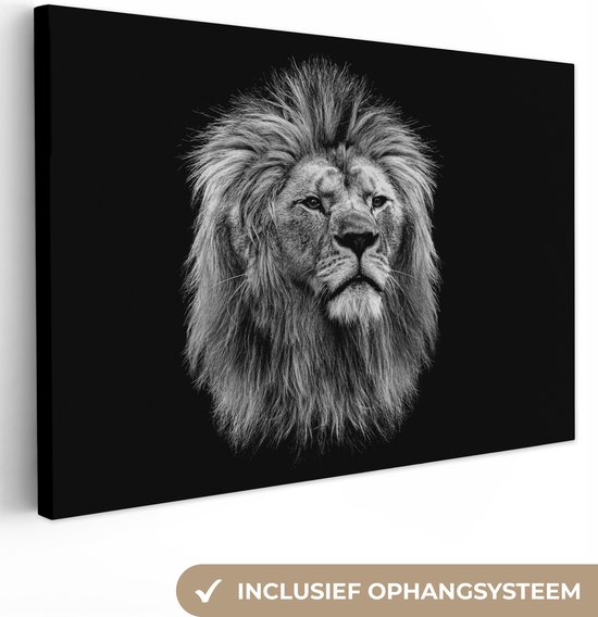 Leeuw Schilderij Canvas - Profiel - Zwart - Dieren - Wit - Hout lijst - 90x60 cm - Wanddecoratie