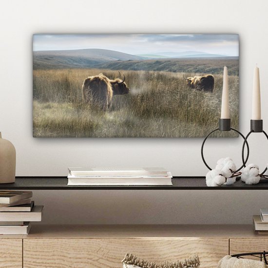 Peinture sur toile Highlanders écossais - Brouillard - Herbe - 40x20 cm - Décoration murale