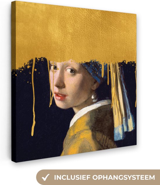 Oude Meesters Canvas - 20x20 - Canvas Schilderij - Meisje met de parel - Goud - Vermeer
