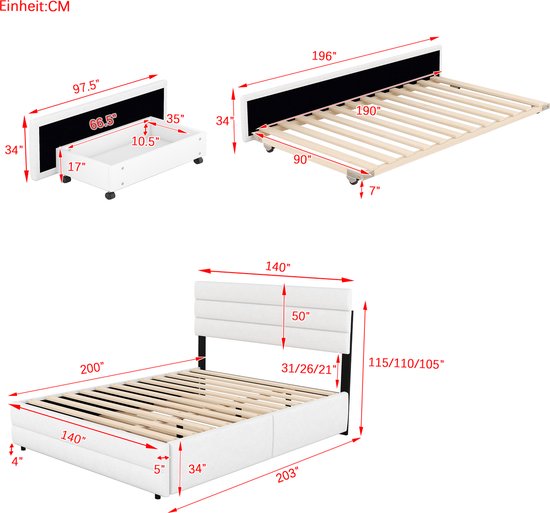 Merax Lit double 140 x 200 - Cadre de lit avec 2 tiroirs et lit gigogne supplémentaire 90 x 190 - Wit