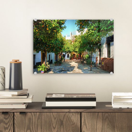® Glasschilderij 30x20 cm - Schilderij acrylglas - Sevilla - Boom - Wit - Foto op glas - Muurdecoratie woonkamer - Wanddecoratie slaapkamer - Schilderijen