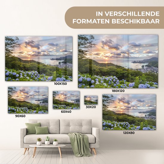 Peinture sur Verre - Coucher de Soleil avec Hortensia - 120x80 cm - Peintures sur Verre Peintures - Photo sur Glas