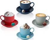 4oz. Espressokopjes Set van 4 met bijpassende schotels - Premium porselein, Demitasse Set van 8 stuks - Rood, blauw & grijs - Italiaanse Caffè Mokken, Turkse Koffiekopjes - Lungo Shots, Dopio Double Shot