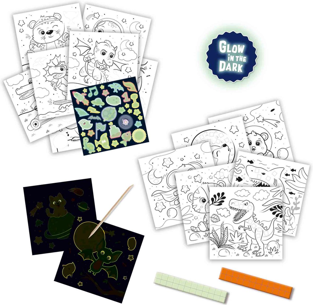 SES Creative- Doe kleurboek glow in the dark 3 in 1 - scratch, stickers en kleurplaten - met scratch pen – kleurboek voor kinderen — afbeelding 7