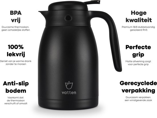 Thermos Vatten® Premium en acier inoxydable - Zwart - 1,5 litre - Avec bouton poussoir - Carafe isotherme