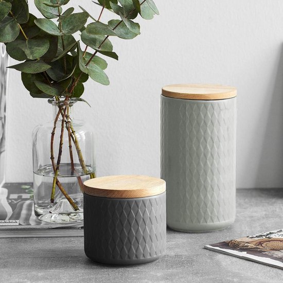 Keramische voorraaddozen, opbergdoos, vershouddoos met bamboedeksel en siliconen ring (wit, 1000 ml