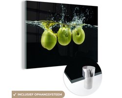 MuchoWow® Glasschilderij 90x60 cm - Schilderij acrylglas - Appels - Fruit - Water - Zwart - Groen - Foto op glas - Schilderijen