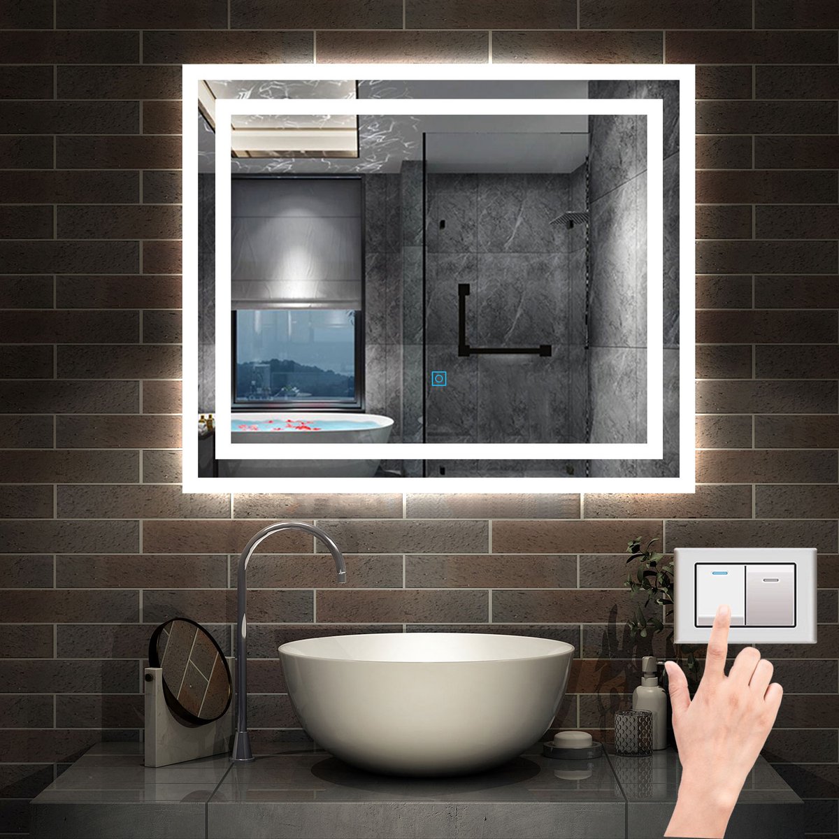 LED badkamerspiegel rechthoekig 50x60cm 3 lichtkleur 2700-6500K, aanraking, anti condensatie, koud/neutraal/warm wit regelbaar licht, power off geheugenfunctie, IP44