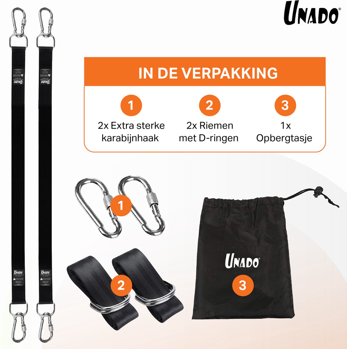 Unado Ophang Koord Voor Hangmat, Hangstoel / Schommel - Hangmat Bevestigingsset Inclusief Haken - Karabijnhaak - Hangmat Standaard -Schommelophangset - Hangmat Ophangsysteem -150cm - Tot 1000kg - Boomvriendelijke Hangmat Ophangset - Set Van 2Stuks — afbeelding 3