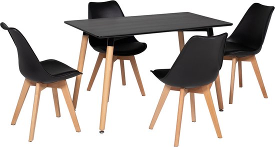 Set van 120cm PIA tafel en 4 NORA stoelen zwart