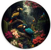 WallCircle - Wandcirkel 30x30 - Bloemen - Vogel - Jungle - Planten - Ronde schilderijen woonkamer - Wandbord rond - Muurdecoratie cirkel - Kamer decoratie binnen - Wanddecoratie muurcirkel - Woonaccessoires