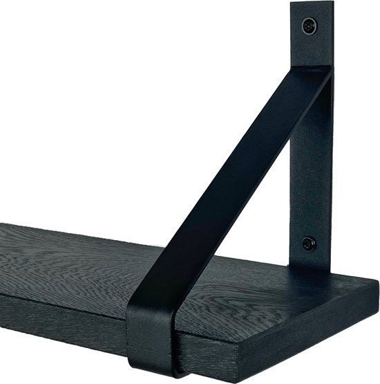 GoudmetHout - Massief eiken wandplank - 220 x 20 cm - Zwart Eiken - Inclusief industriële plankdragers MAT ZWART - lange boekenplank