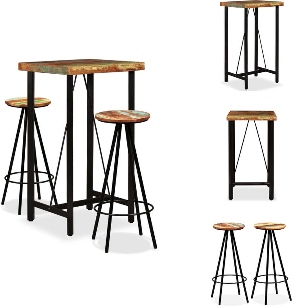 VidaXL Industriële Bartafel en Barkrukken Gerecycled Hout Robuust en Duurzaam 60x60x107cm Set tafel en stoelen