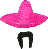 Carnaval verkleed set - Mexicaanse sombrero hoed dia 49 cm met plaksnor - roze - heren