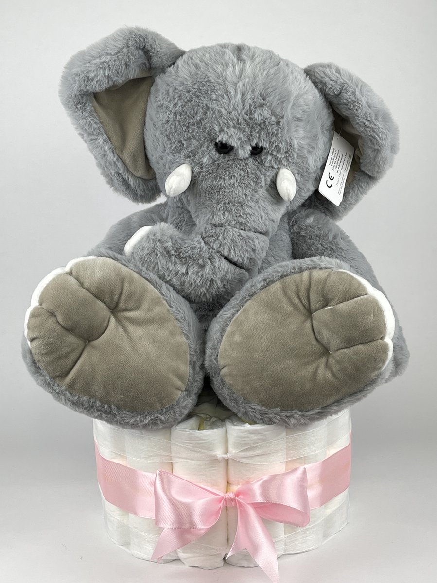 Chouette-Chouette | Luiertaart Meisje | Kraamcadeau | Geboorte Meisje | Babyshower | 1L Olifant Grijs - Roze