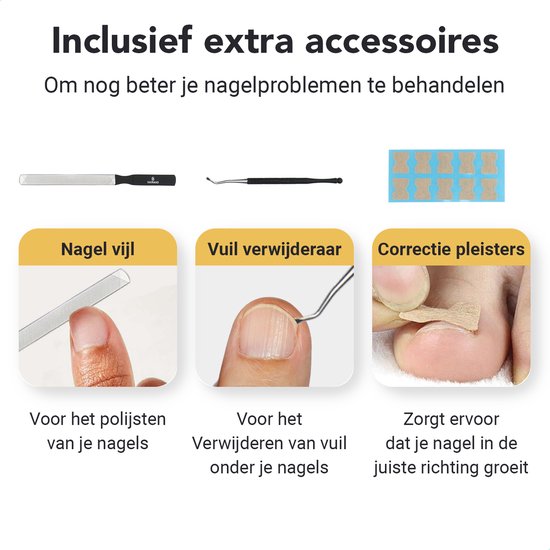 Inclusief nagelvijl voor polijsten, vuil verwijderaar voor reiniging en correctie pleisters voor nagelgroei.