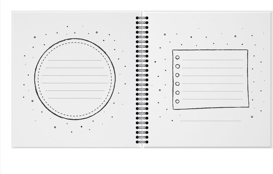 Een open boek met een lege cirkel en een leeg vierkant met bolletjes als decoratie.