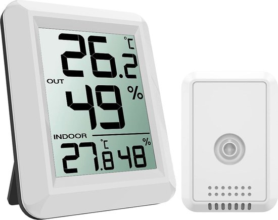 Thermometer hygrometer, voor binnen en buiten, digitale temperatuur- en luchtvochtigheidsmonitor, thermo-hygrometer met buitensensor, groot lcd-display, temperatuur/°F-schakelaar, ideaal voor kantoor, enz., wit
