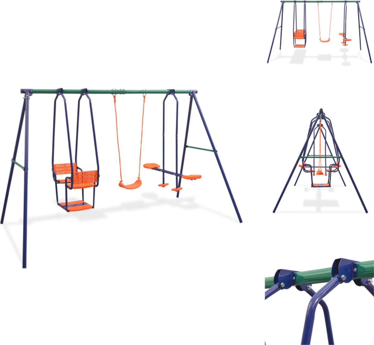 VidaXL Schommelset Metalen A-frame Enkele schommel duozit face-to-face en tandemzit Blauw groen oranje Staal en kunststof 302x158x180cm Speeltoestellencombinatie
