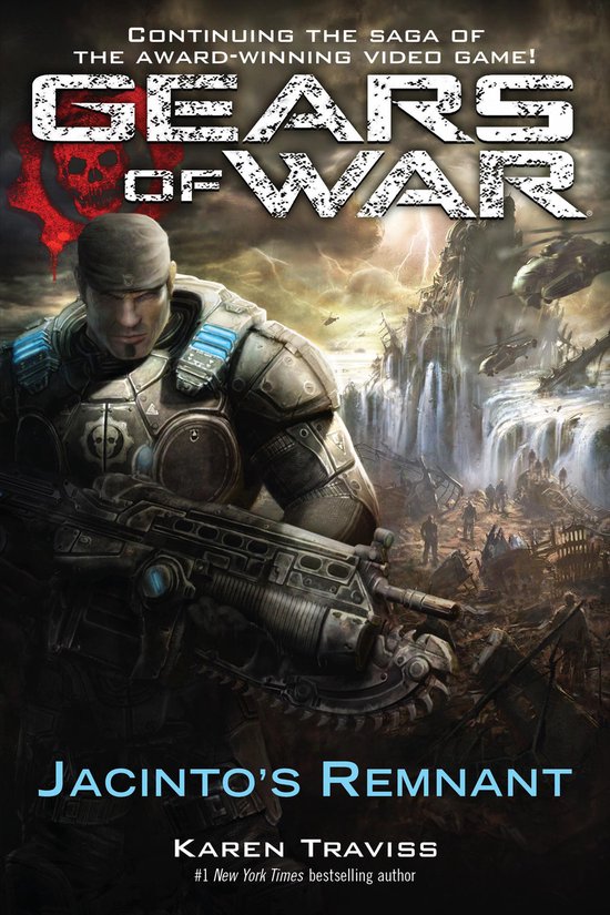 Gears of War: Jacinto's Remnant boekcover met soldaat in pantser die geweer vasthoudt. Verwoeste stad op achtergrond.