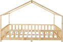 Lit maison en bois naturel 140x200 cm avec barreaux.