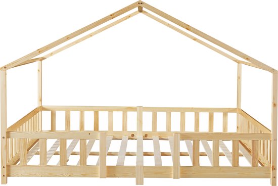 Lit maison en bois naturel 140x200 cm avec barreaux.
