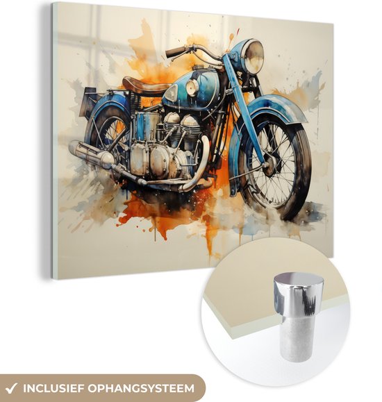 MuchoWow® Glasschilderij 160x120 cm - Schilderij glas - Motor - Bike - Retro - Graffiti - Blauw - Foto op acrylglas - Schilderijen