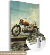 MuchoWow® Glasschilderij 120x160 cm - Schilderij glas - Motor - Bike - Bruin - Vintage - Foto op acrylglas - Schilderijen