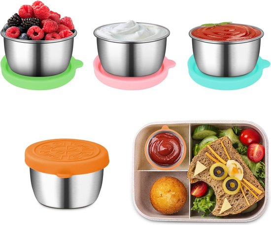 Foto: 4 stuks dressingcontainers 50 ml lekvrije bento box accessoires 304 roestvrij stalen sladressingcontainer met siliconen deksel bpa vrij herbruikbare mini sauzenhouder snackhouder