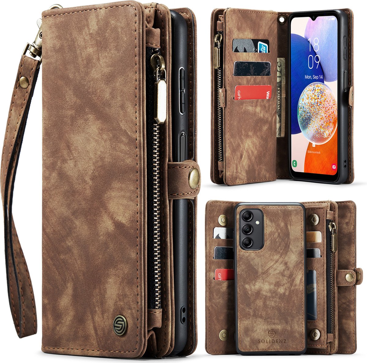 Geschikt Voor Samsung Galaxy A14 Hoesje - Solidenz Wallet Case A14 - Telefoonhoesje A14 - A14 Case Met Pasjeshouder - Met Ritsvak - Met Polskoord - Portemonee Hoes - Bruin
