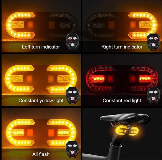 Fiets-achterlicht met richtingaanwijzers - verdeelde fietsachterlichten met draadloze afstandsbediening voor fiets, oplaadbaar, 5 veiligheidsmodi, stroboscooplichten - NIUAWASA