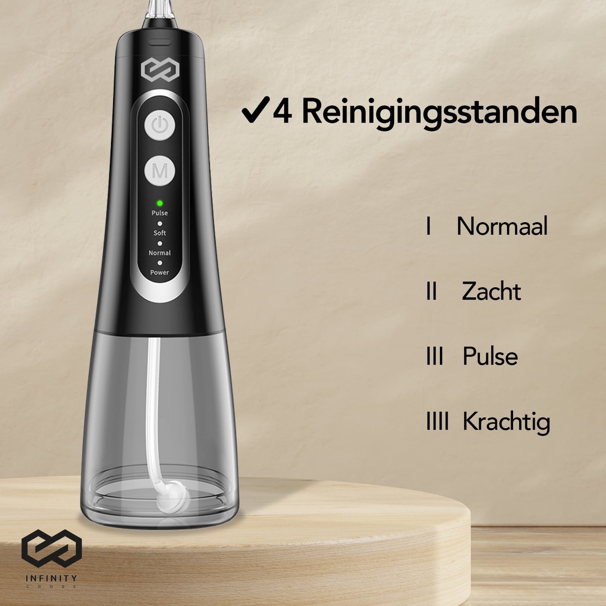 Infinity Goods Waterflosser - Monddouche - Elektrisch Flosapparaat - Draadloos En Oplaadbaar - 5 Opzetstukken - Zwart thumbnail 5