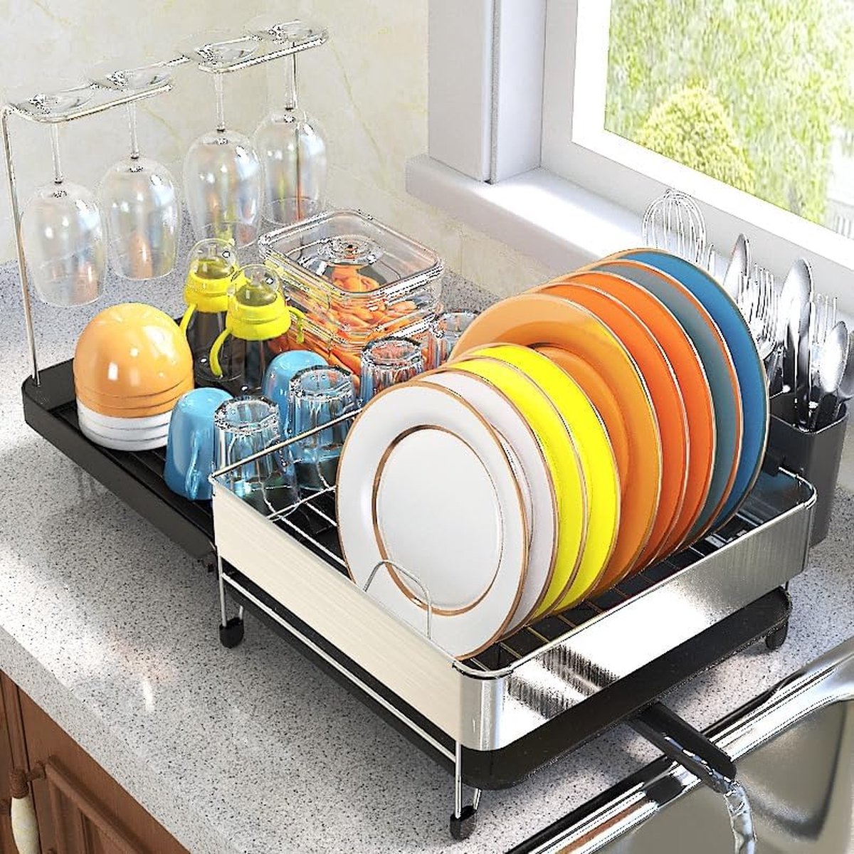 Goedkoopste Roestvrijstalen afdruiprek voor borden, uitschuifbaar droogrek, inklapbare lekbak, afdruiprek met verwijderbare bestekhouder en wijnglashouder, zwart.