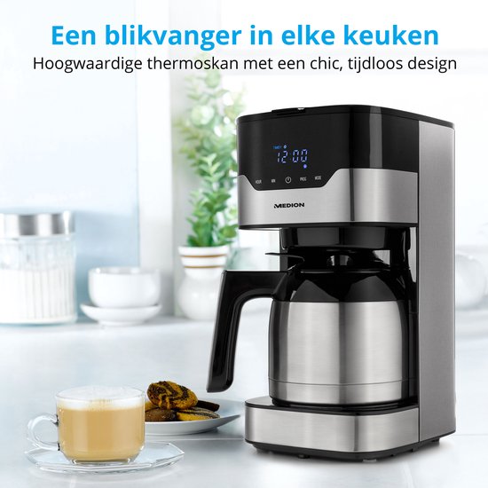 MEDION MD 18458 - Cafetière filtre programmable avec carafe isotherme - 900 Watt - 1,2 Litres - Argent