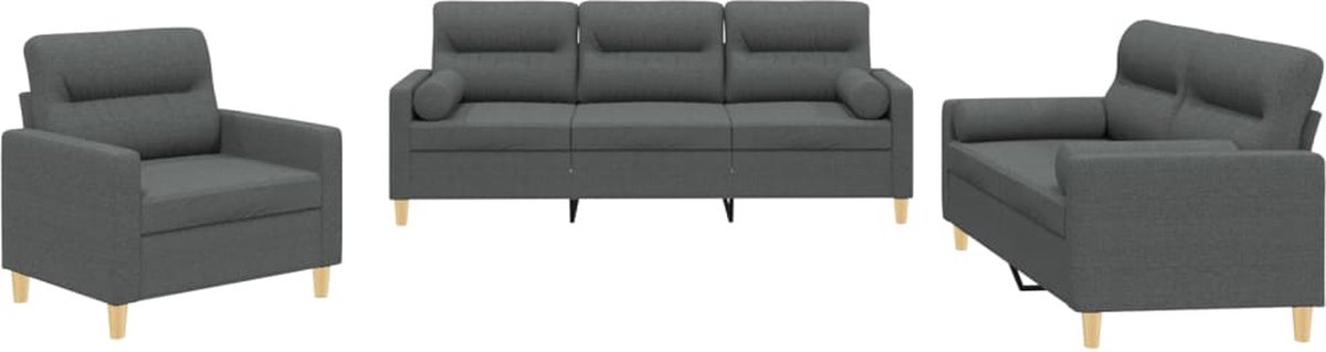 vidaXL - 3-delige - Loungeset - met - kussens - stof - donkergrijs