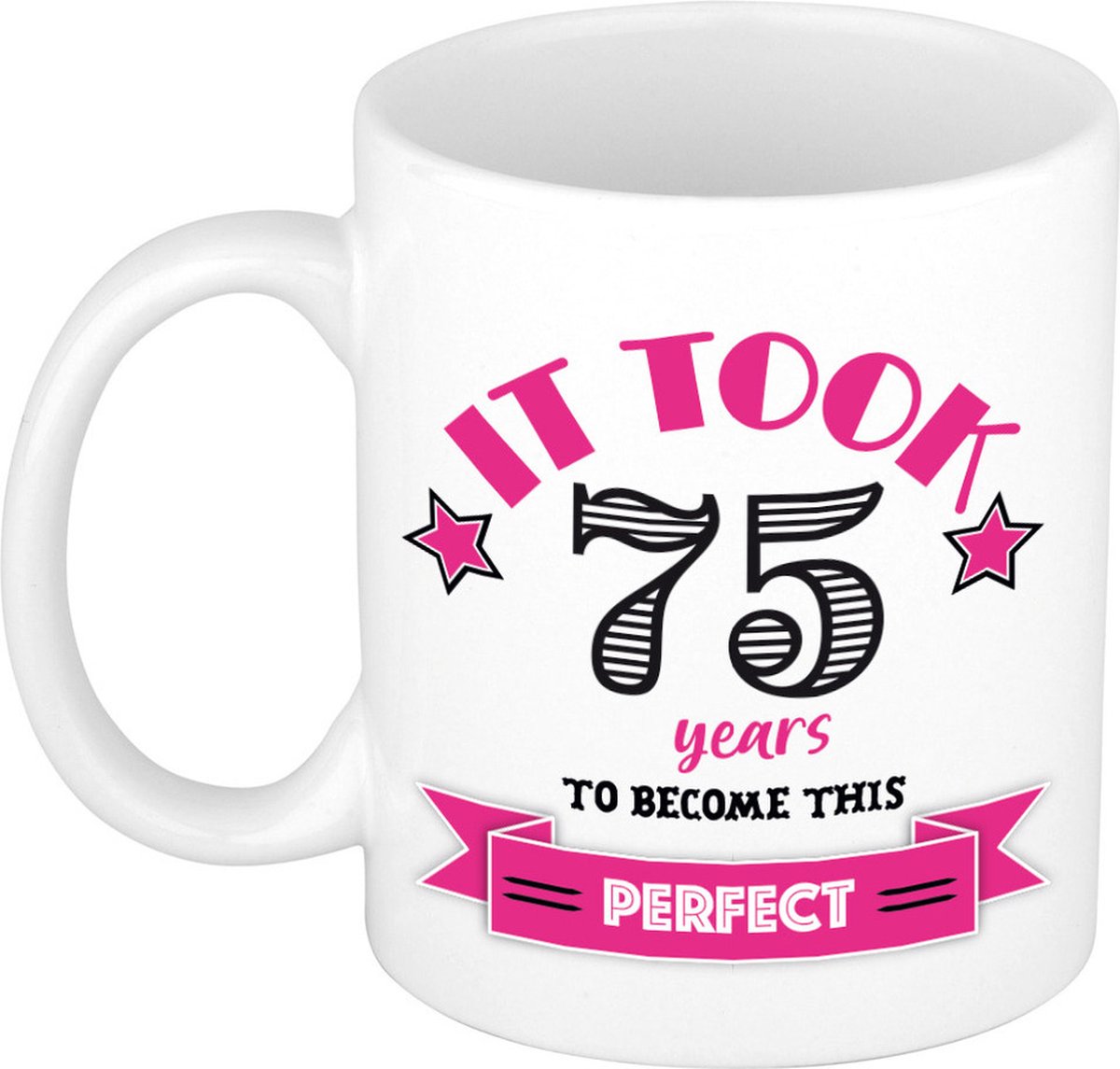 Bellatio Decorations Verjaardag cadeau mok 75 jaar - roze - grappig - 300 ml - keramiek