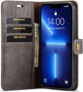DG Ming Hoesje voor de Apple iPhone 15 Pro Max - Retro Wallet Book Case - Telefoonhoesje Kunstleer met Pasjes - Portemonnee Hoesje met Kaarthouder op achterkant Grijs