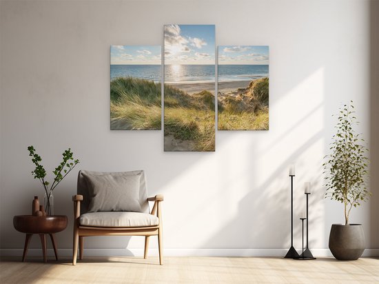 Artaza Peinture sur toile Triptyque Plage et mer depuis les dunes - 150 x 120 - Groot - Photo sur toile - Impression sur toile