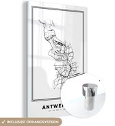 MuchoWow® Glasschilderij 20x30 cm - Schilderij acrylglas - Stadskaart – Zwart Wit - Kaart – Antwerpen – België – Plattegrond - Foto op glas - Schilderijen