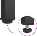 Détail du pied réglable d'un meuble noir, avec mécanisme à vis.