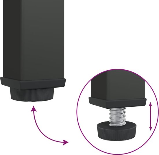 Détail du pied réglable d'un meuble noir, avec mécanisme à vis.