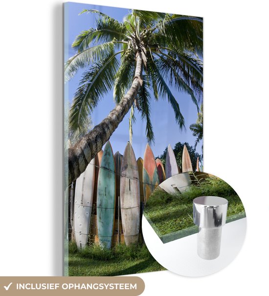 MuchoWow® Glasschilderij 60x90 cm - Schilderij acrylglas - Een palmboom bij een rij van surfborden - Foto op glas - Schilderijen