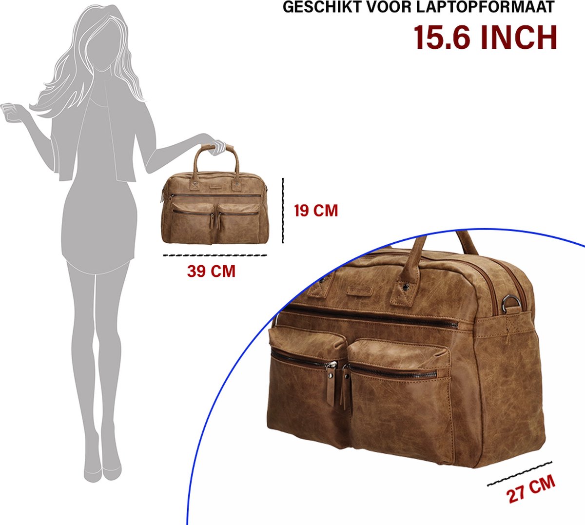 Bicky Bernard Handtas Dames Kunstleer cognac camel Laptoptas Omhang Hand bol