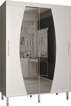 Zweefdeurkast met spiegel Kledingkast met 2 schuifdeuren Garderobekast slaapkamerkast Kledingstang met planken | elegante kledingkast, glamoureuze stijl (LxHxP): 150x208x62 cm - CAPS ELY (Wit, 150 cm) met lades
