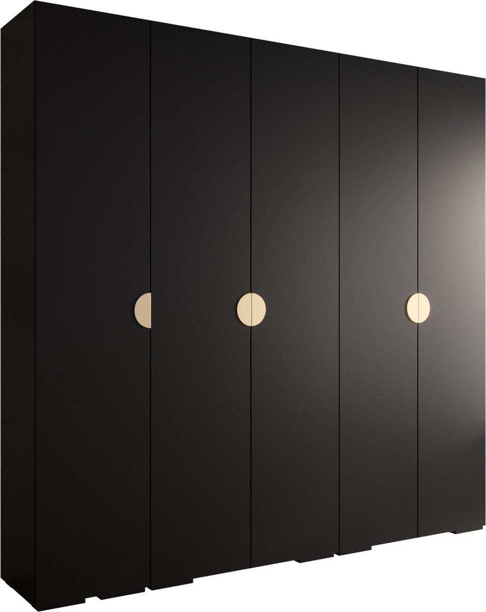 AJE Meubles B.V. Opbergkast Kledingkast met 5 draaideuren Garderobekast slaapkamerkast Kledingstang met planken | Gouden Handgrepen, elegante kledingkast, glamoureuze stijl (LxHxP): 250x237x47 cm - IVONA 4 (Zwart, 250 cm)