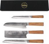 Sumisu Knives - Japanse messenset 4-delig - Wood collection - 100% damascus staal - Hobbykok messenset - Geleverd in luxe geschenkdoos