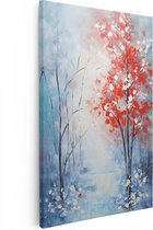 Artaza Canvas Schilderij Wintersbos - Rode Boom -Olieverf Tekening - 20x30 - Klein - Foto Op Canvas - Canvas Print