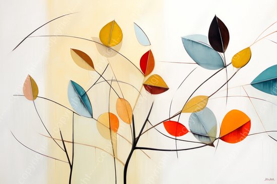 JJ-Art (Canvas) 120x80 | Bloemen, bladeren, minimalisme, abstract, kunst | figuren, beige, bruin, rood, blauw, wit, modern | Foto-Schilderij canvas print (wanddecoratie)